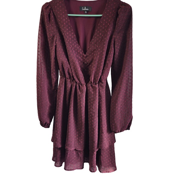 Lulus Dresses & Skirts - Lulus Burgundy Burnout Dot Long Sleeve Ruffle Tiered Mini Dress XS